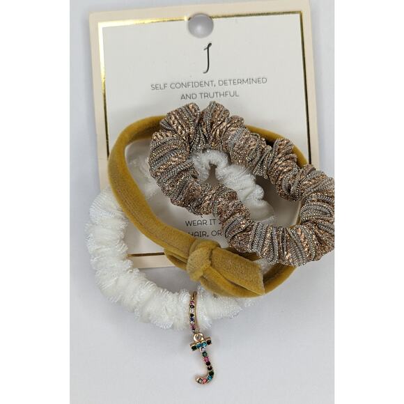 Letter J Charm Scrunchie Set Initial Ponytail Hair Ties - Picture 2 of 4